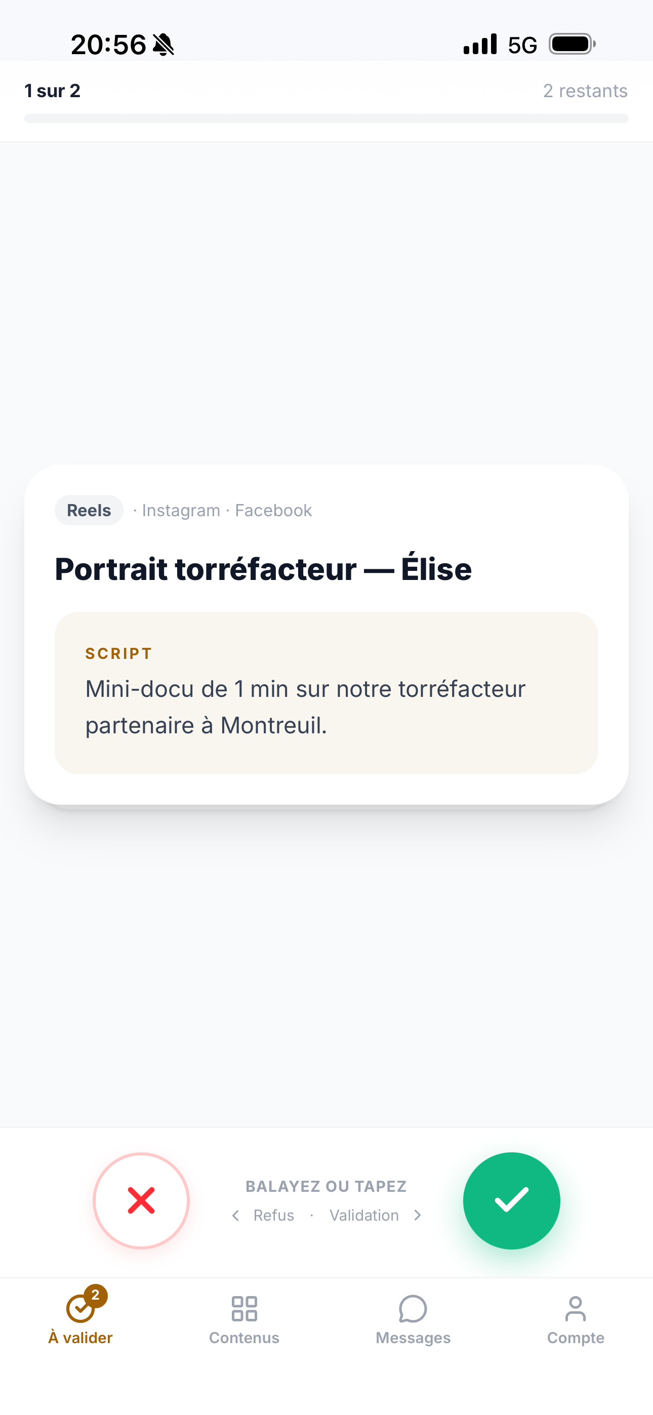 Écran de validation client par swipe dans CMboard